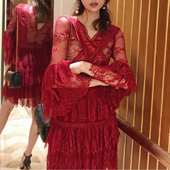 Self-Portrait size 2 red lace midi dress - Picture 9 of 16